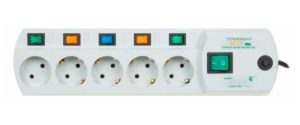 External surge protector with separate on/off buttons