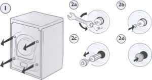 Instructions on how to remove the transport bolts from a washing machine