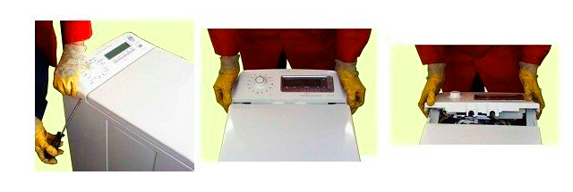 Remove the control panel on a vertical washing machine. Carefully pry the top control panel from all sides using a screwdriver. Pull it upward, then toward the back wall, and then tilt it to a comfortable angle so you can easily access the wires.